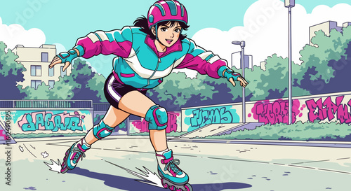 Anime-style Rollerblader Gliding on Pavement with Graffiti Background.