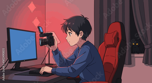 Anime-style young man filming with camera, cat watches from window.