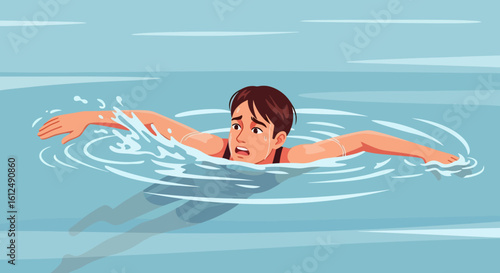Anxious swimmer with brown hair struggles in water, eyes wide with fear