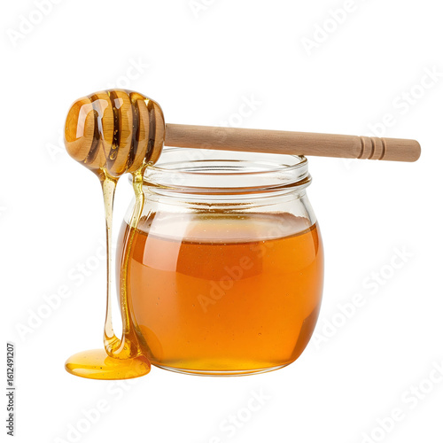 Golden honey pouring from a wooden honey dipper into a glass jar isolated on transparent background