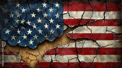 Cracked and weathered representation of an American flag with visible deterioration and peeling paint effect on a rough textured surface