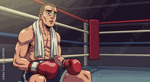 Cartoon Boxer with Red Gloves and Towel, Looking Anxious in the Ring