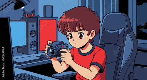 Cartoon Boy Focused on Photography at Night