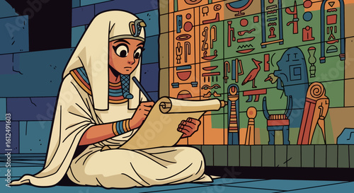 Cartoon Egyptian scribe diligently copying hieroglyphs onto a papyrus scroll
