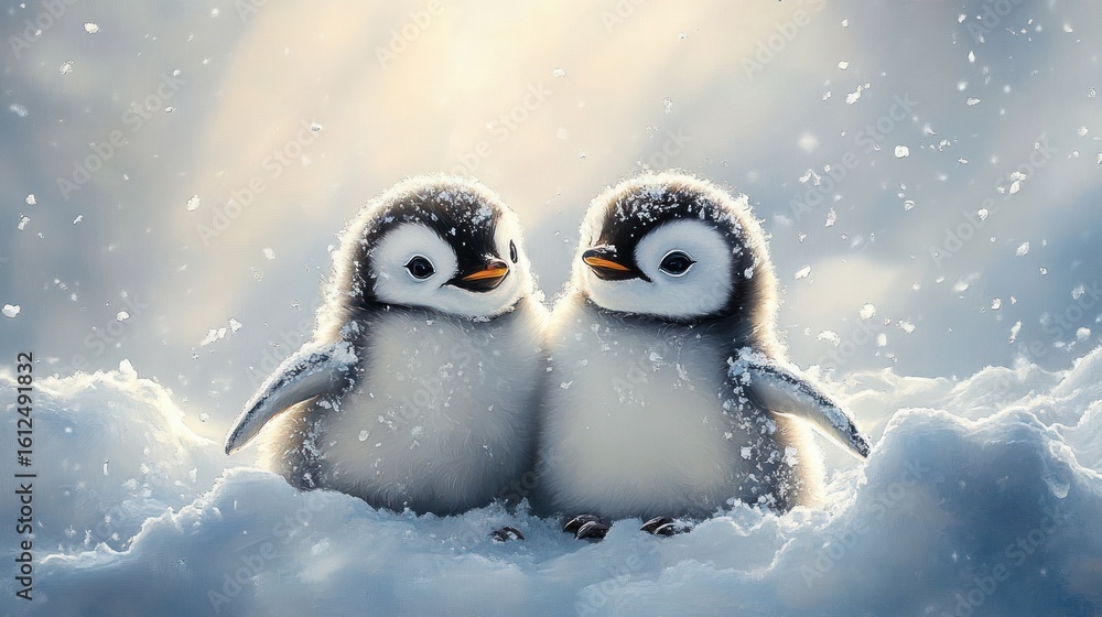 Obraz premium Two adorable baby penguins sitting close together in snowy environment with snowflakes falling around them, showing warmth and companionship