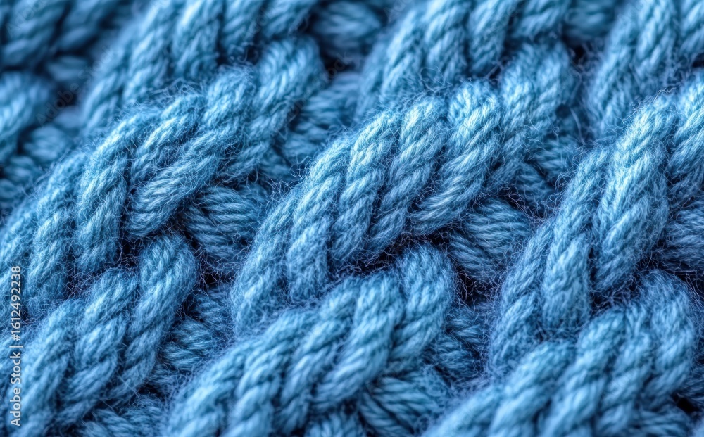 Close-up view of soft blue knitted fabric with thick twisted yarn patterns creating a cozy and warm texture Close-up view of soft blue knitted fabric with thick twisted yarn patterns creating a cozy and warm texture