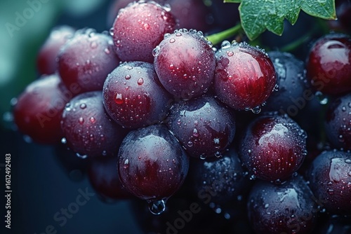 Wallpaper Mural Close-up of fresh ripe grapes covered in water droplets with a green grape leaf in the background Torontodigital.ca