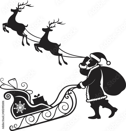 santa sleigh with reindeer and gift bag flying sky
