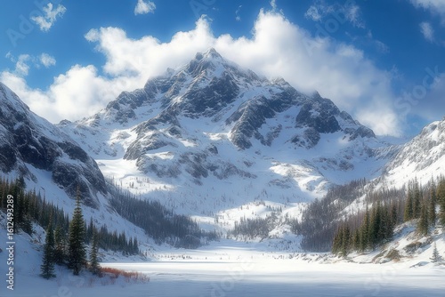 Wallpaper Mural Snow-covered mountain peak under blue sky with clouds overlooking frozen lake surrounded by pine trees in winter landscape Torontodigital.ca