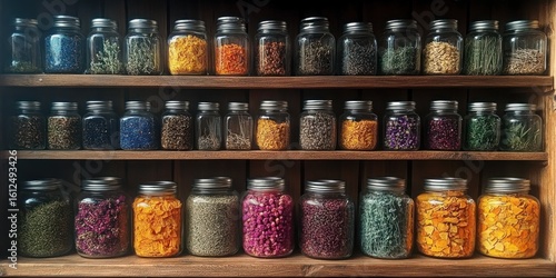 Wallpaper Mural Shelves filled with neatly organized glass jars containing various colorful dried herbs and flowers in a rustic wooden setting evoking calm and natural wellness Torontodigital.ca