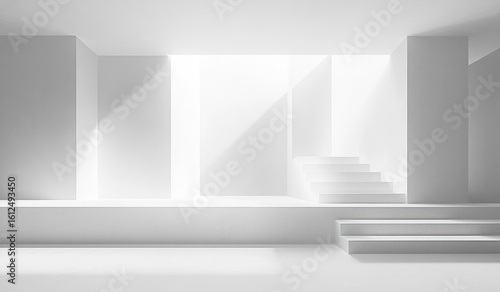 Wallpaper Mural Minimalist bright white interior space with multiple staircases, large vertical wall sections, and soft natural light casting shadows Torontodigital.ca