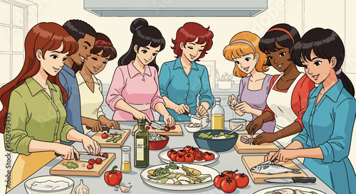 Diverse Group of Friends Cooking Together in a Kitchen