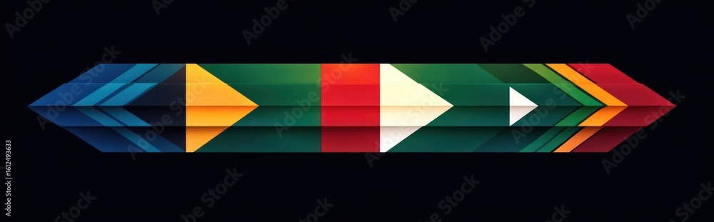 Fototapeta premium Abstract geometric arrow composed of layered multicolored shapes pointing right on a dark background conveying direction and movement
