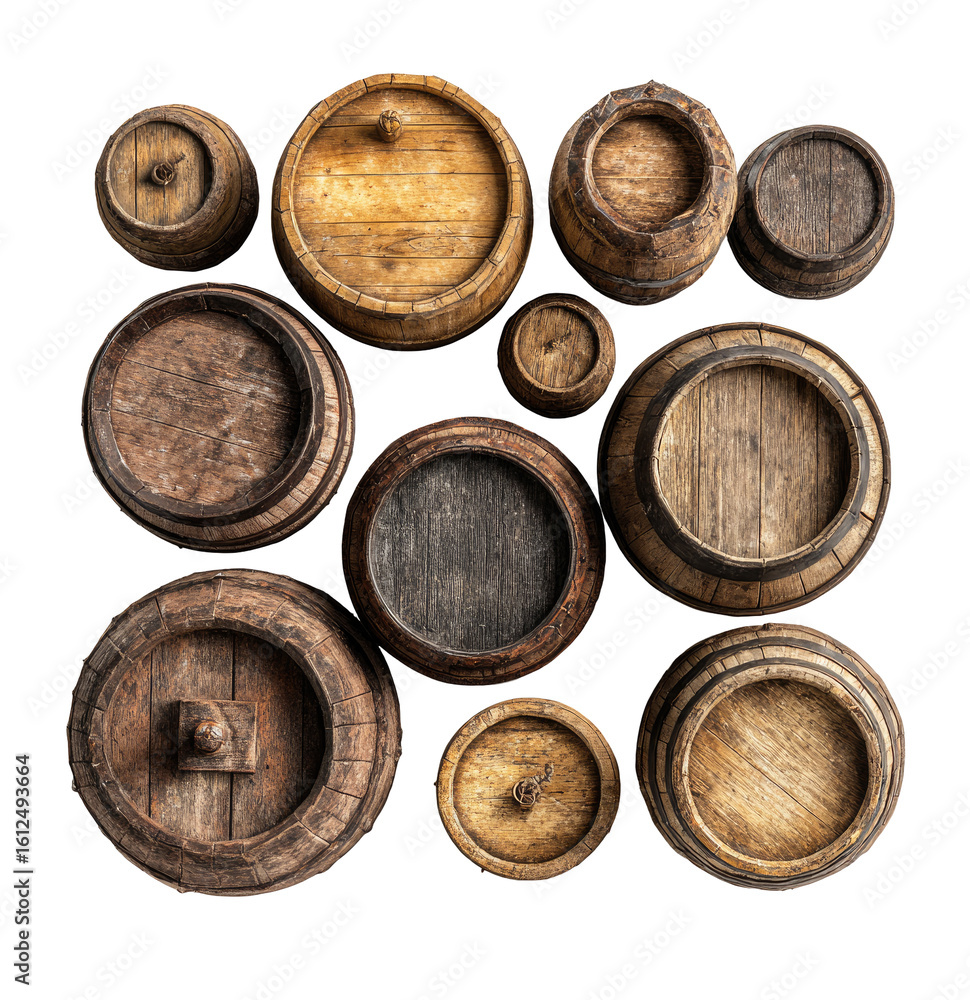 Top-down view of a collection of various aged wooden barrels. A grid pattern of different sizes. Natural wood grain shows signs of age and use. Darker, worn areas contrasting with lighter tones Top-down view of a collection of various aged wooden barrels. A grid pattern of different sizes. Natural wood grain shows signs of age and use. Darker, worn areas contrasting with lighter tones