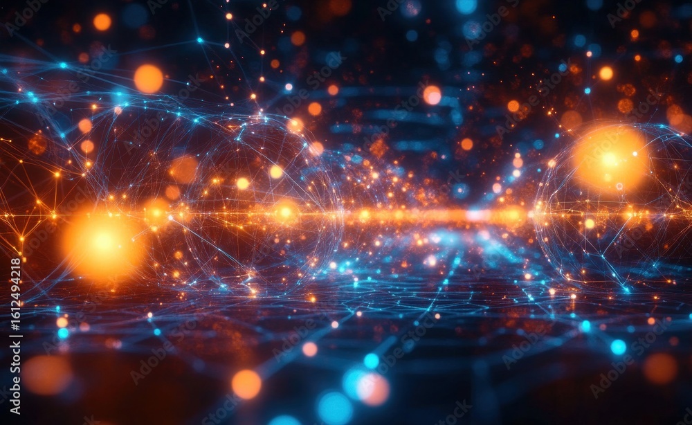 Obraz premium Glowing interconnected spheres and nodes with bright orange and blue light forming a network of digital or quantum energy connections on a dark background