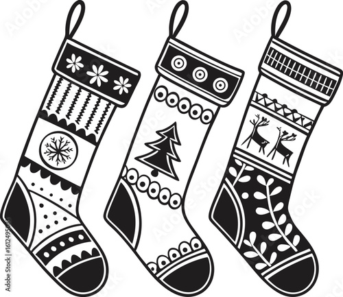 christmas stockings with snowflake tree and reindeer art