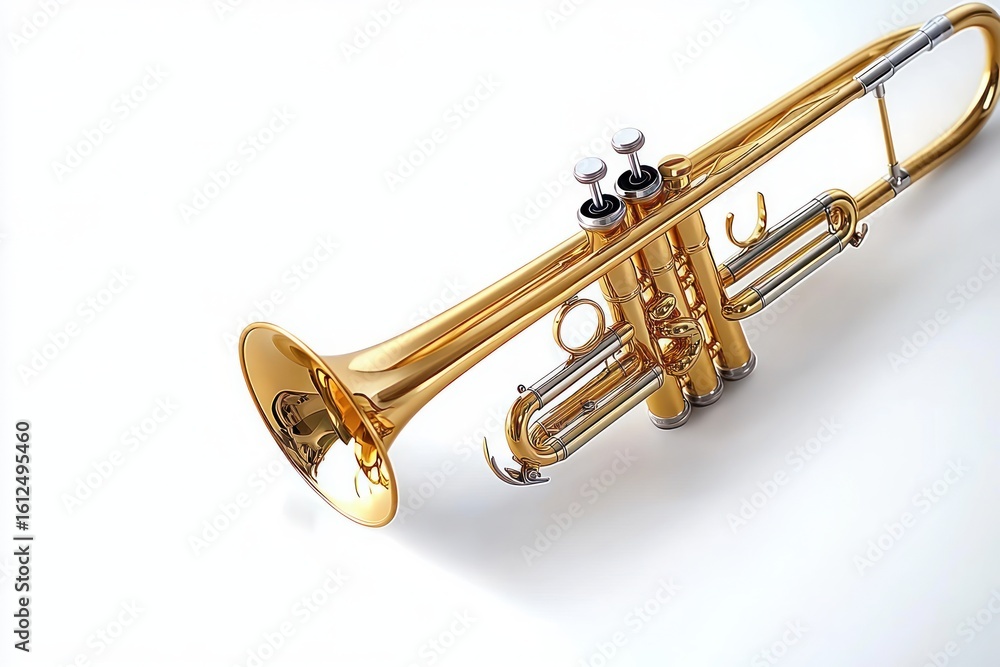 Obraz premium Shiny brass trumpet with three valves lying on a white surface highlighting its reflective golden finish and intricate tubing