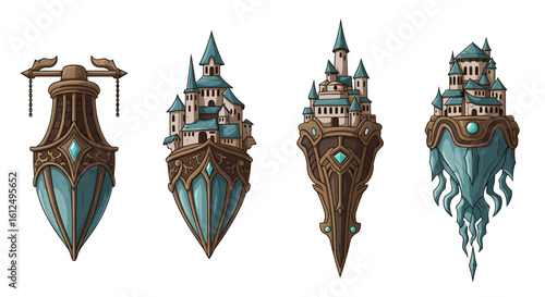 Ornate fantasy castles floating elegantly with unique designs and color palettes