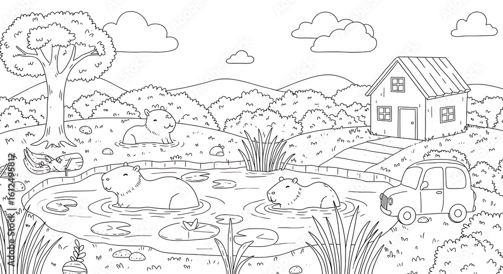 Obraz premium Capybara animals children’s coloring book illustration. Perfect for kids to color and enjoy, adding a splash of creativity to their day