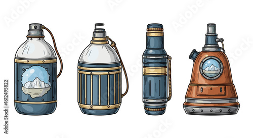 Steampunk inspired flasks and containers with industrial design elements depicted.