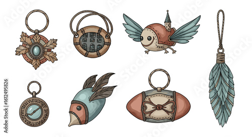 Steampunk styled vintage fantasy trinkets collection colorful hand-drawn illustration.