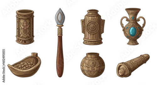 Collection of intricately designed ancient artifacts and vessels on white