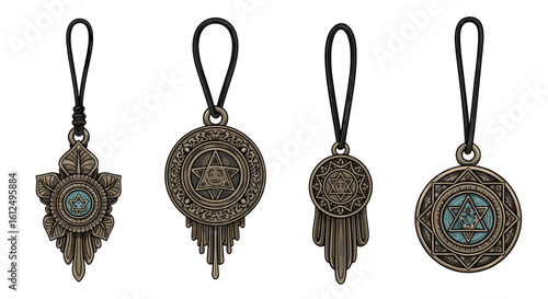 Four ornate fantasy amulets with black cords and turquoise accents