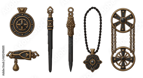 Collection of old ornate steampunk style accessories, digitally generated image