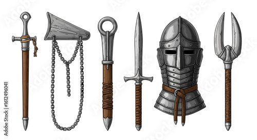 Collection of medieval armory and weaponry displayed on a white background