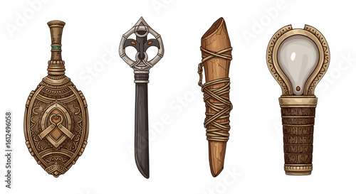A collection of fantasy-style medieval magical artifacts for role-playing games