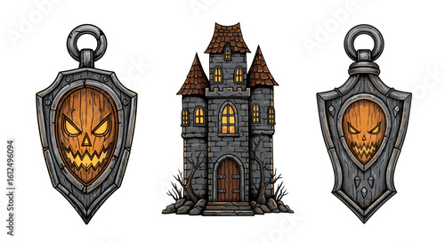 Spooky Halloween Collection: Haunted House and Jack-o'-Lantern on Shields
