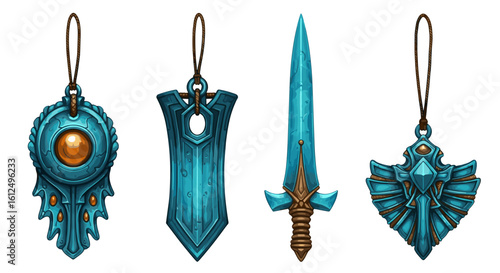 Fantastical blue amulet collection: A series of decorative fantasy pendants