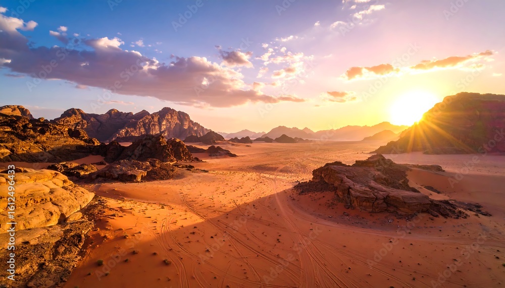 Naklejka premium Dramatic sunset casts a warm glow over the expansive desert landscape, showcasing rugged rock