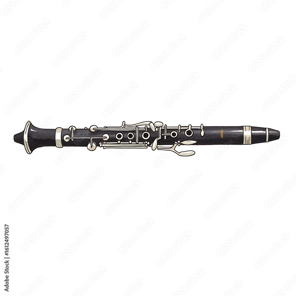 Naklejka premium Detailed illustration of a classical black clarinet, woodwind musical instrument vector, isolated for orchestra or jazz music concepts.