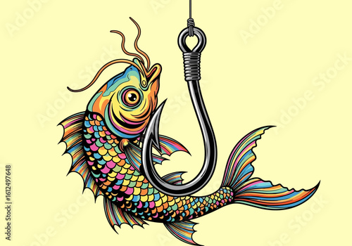 Colorful Fantasy Fish Caught on Fishing Hook