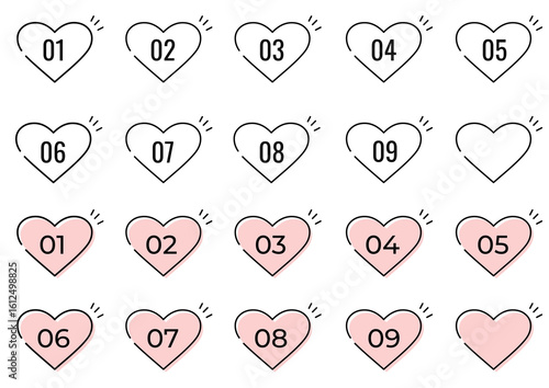 Cute Heart Number Icons Set: Vector Line Art for Favorite Rankings, Lists, and Steps