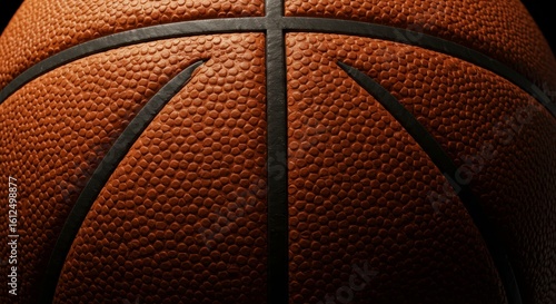 Dramatic closeup showcases the textured surface and black lines of an orange basketball