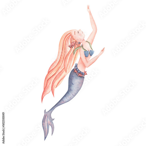 Watercolor cute mermaid in blue. Children's illustration for scrapbooking