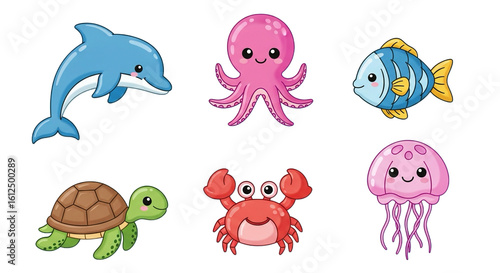 set of 6 cute sea creature icons in jelly style: dolphin, octopus, turtle, fish, crab, and jellyfish