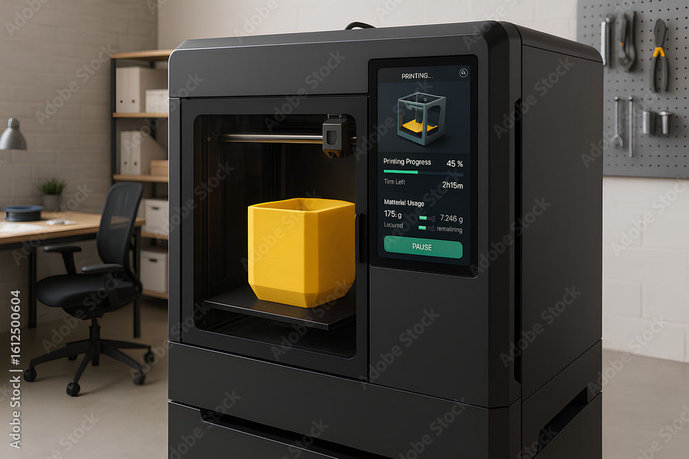 Fototapeta premium 3D Printer in Modern Workshop with Display Showing Progress of Printing Yellow Cubic Container