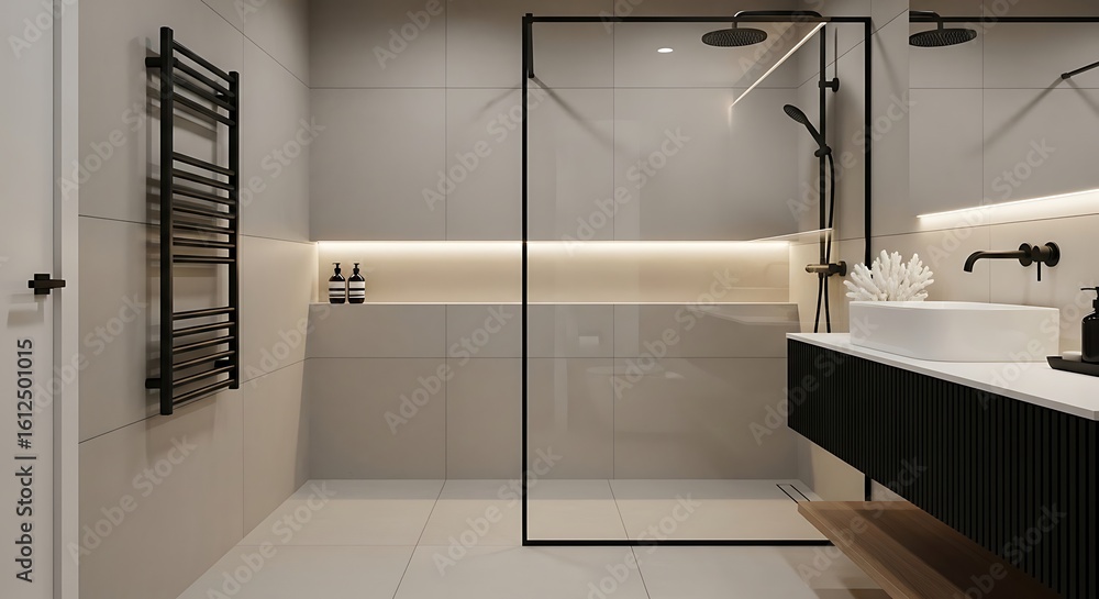 Obraz premium Modern and minimalist bathroom design with walk-in shower and sleek black accents