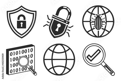 Cybersecurity Icons Shield Lock Bug Globe Binary Code Magnifying Glass.