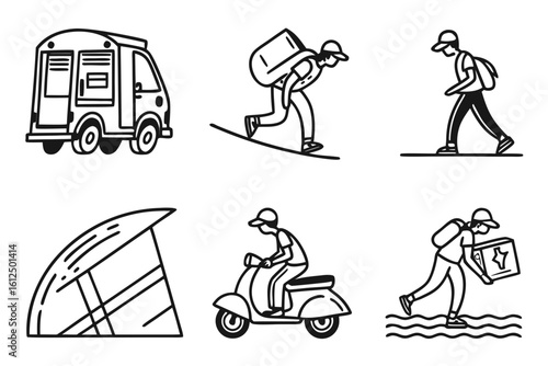 Delivery Service Icons Van Scooter Walker and Water Delivery.