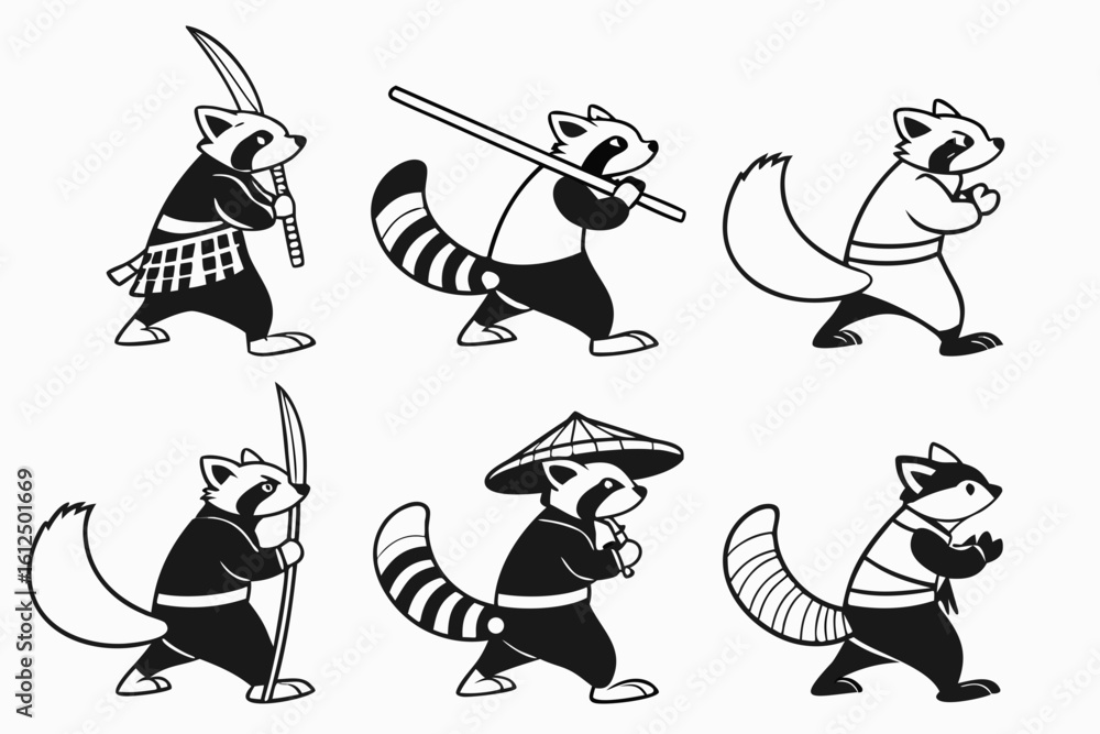 Obraz premium Six Raccoons in Martial Arts Poses.