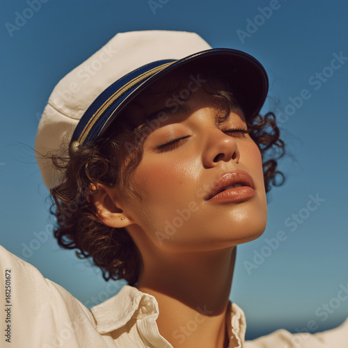 portrait of a young woman with captain hat