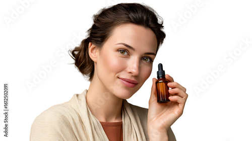 Woman holding small amber glass dropper bottle isolated on transparent background