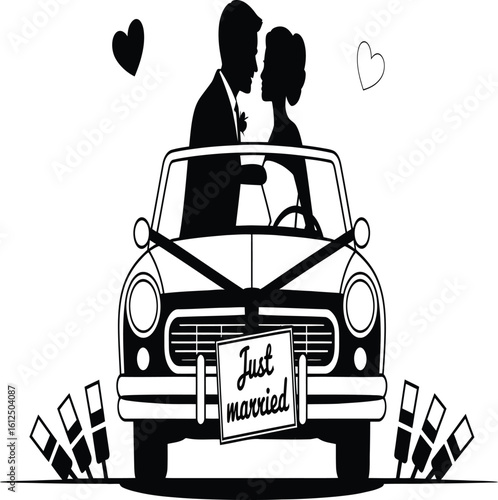 Newlyweds driving off in a vintage car with a 'Just Married' sign and trailing cans, a symbol of joyful celebration and new beginnings