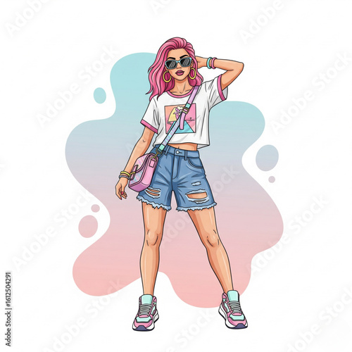 young trendy woman posing for OOTD photo, wearing casual streetwear with accessories