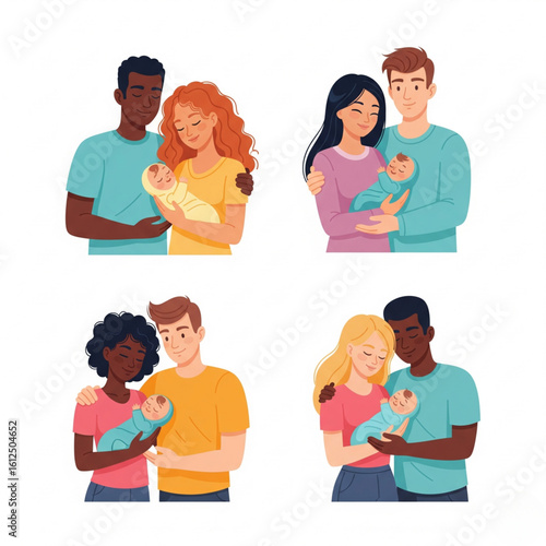 set of young adult diverse straight couples holding a baby in their arms