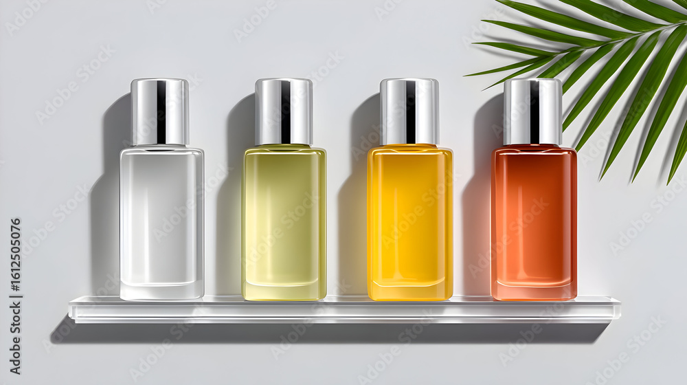 Fototapeta premium A range of four colorful cosmetic bottles on a glass shelf, accented by a tropical leaf. This clean, modern image is perfect for displaying a product line.